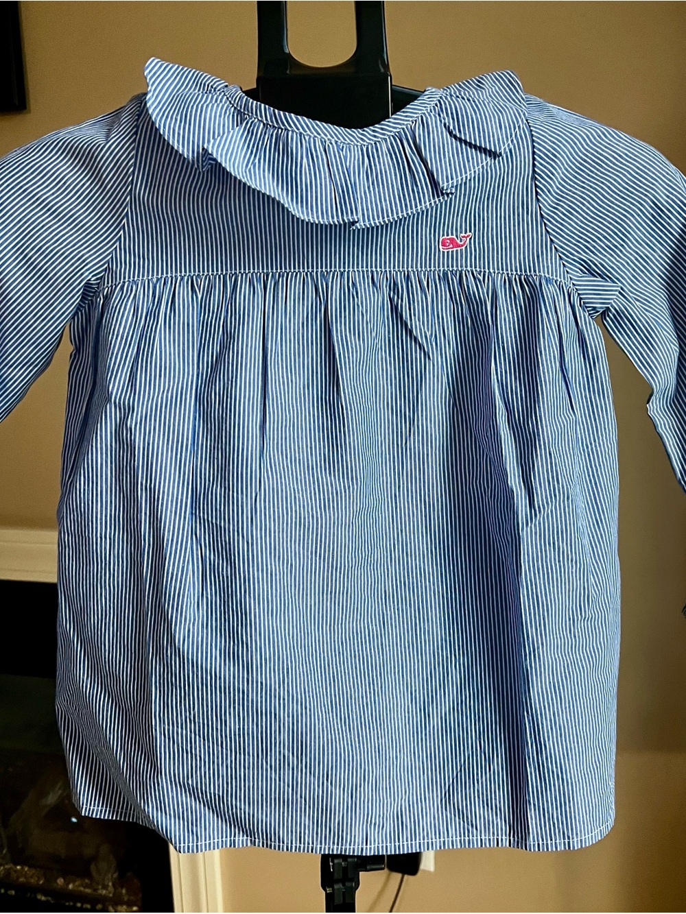 Vineyard Vines Blue & White Striped Ruffle Collar Blouse with Pink Whale NWT